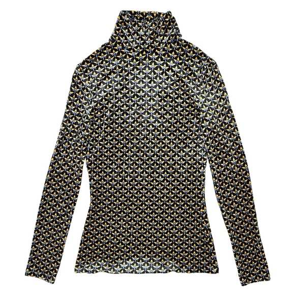 Paco Rabanne Navy Blue Yellow Velvet Velour Printed Turtleneck Mock Neck Top - Picture 5 of 13